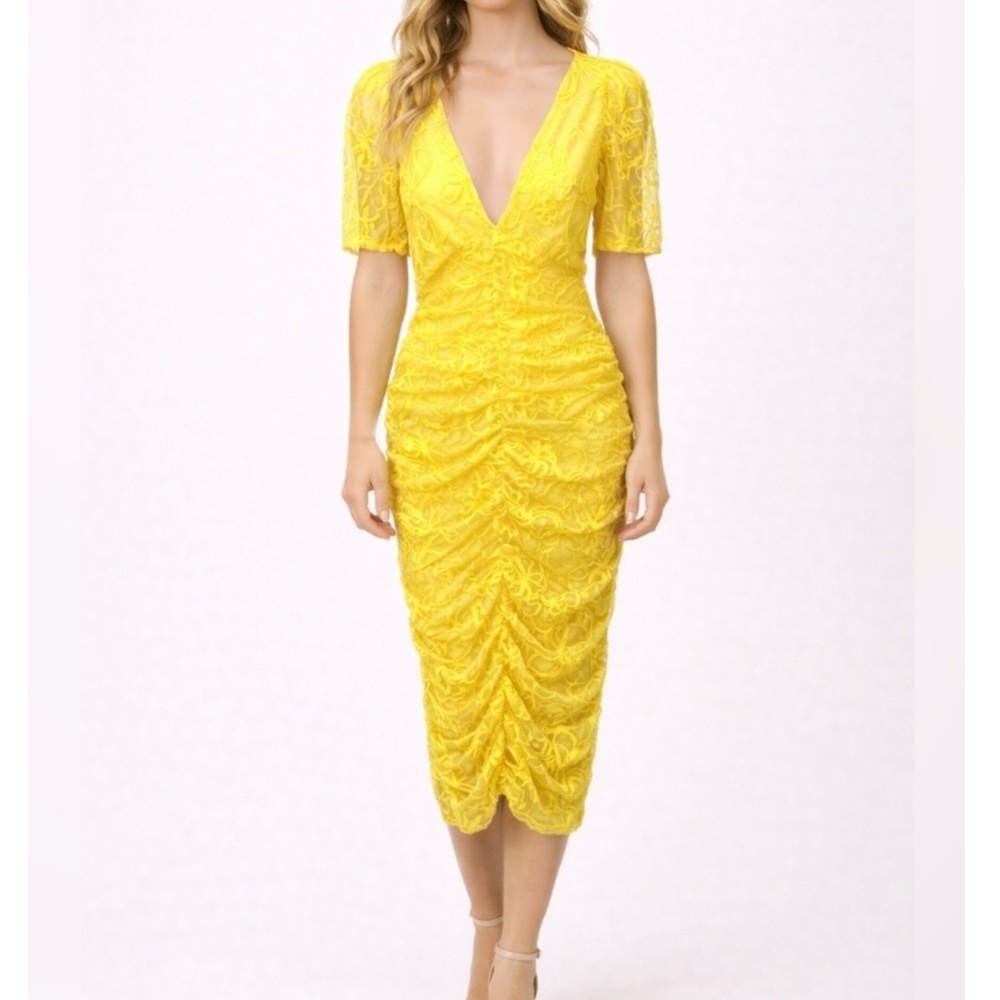 Zara Bright Yellow Ruched Lace Midi Dress